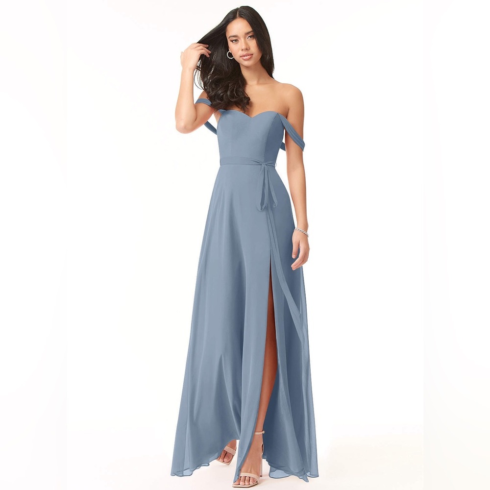 Azazie Aaron Dusty Blue Flowy Off the Shoulder Chiffon Dress